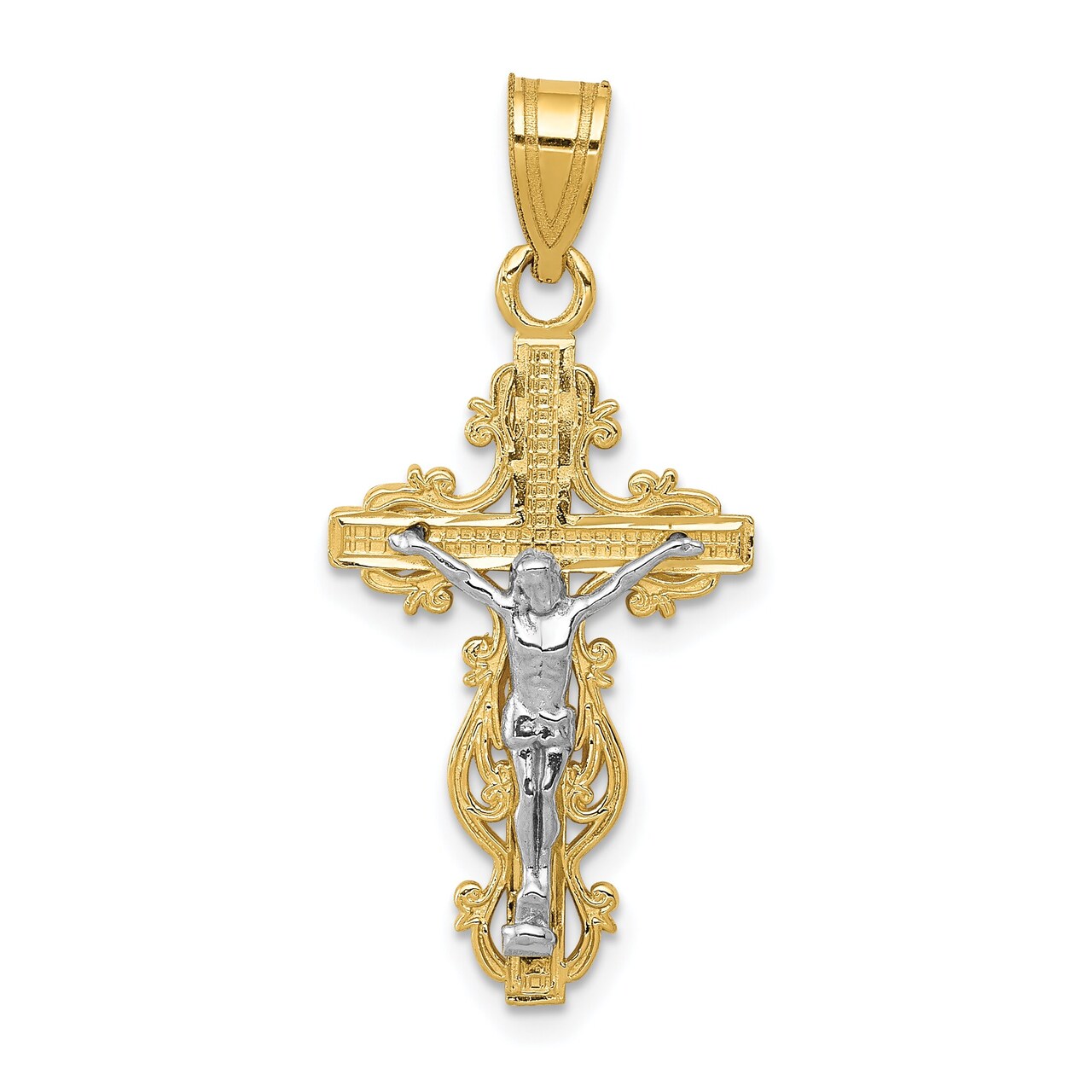 14K Two Tone Gold Small Narrow Cross Crucifix Pendant Charm Jewelry 31 x 14 mm